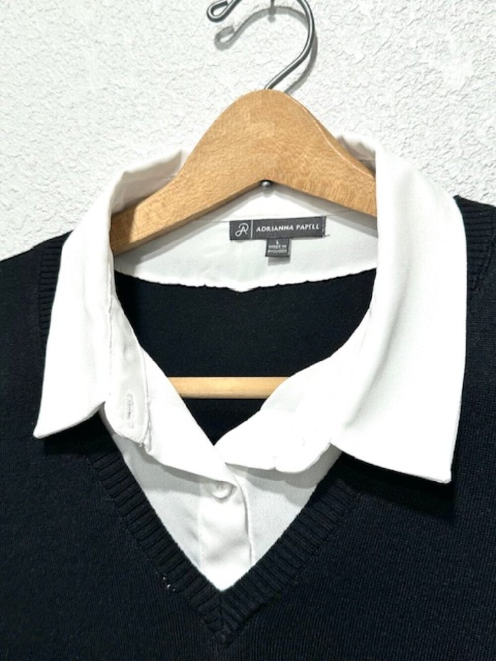 Adrianna Papell Womens Twofer Sweater Collared Long Sleeve Black & White Size L - Picture 2 of 15